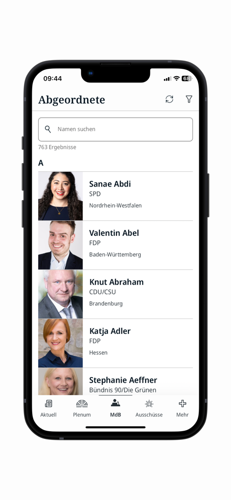 Deutscher Bundestag - 사진 및 정당 소속과 함께 검색 가능한 독일 의원 목록 (Deutscher Bundestag 앱)