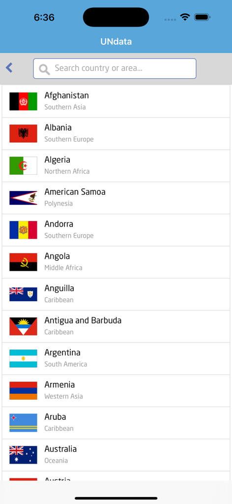 Lista de países con banderas y regiones en la aplicación móvil UNdata, con capacidad de búsqueda