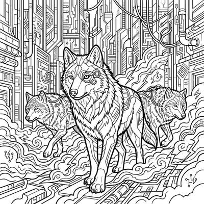 Unleash your creativity with this intricate coloring page featuring a pack of cyberpunk wolves. Explore a detailed futuristic cityscape as you bring this unique fantasy scene to life.