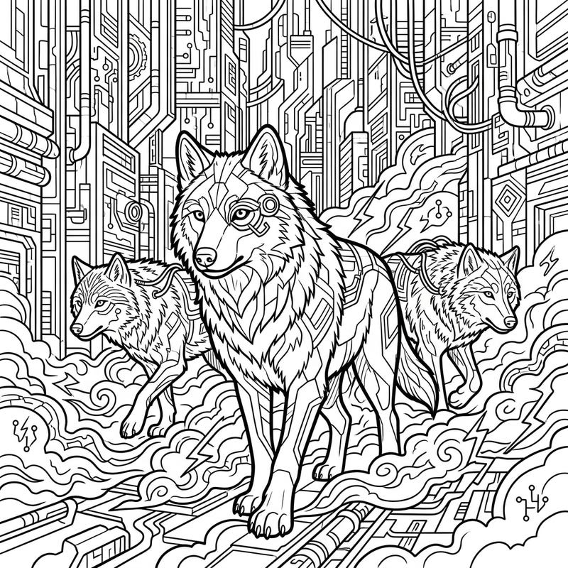 Unleash your creativity with this intricate coloring page featuring a pack of cyberpunk wolves. Explore a detailed futuristic cityscape as you bring this unique fantasy scene to life.