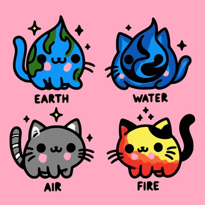 4 cats that represent the different elements, earth, water, air, and fire