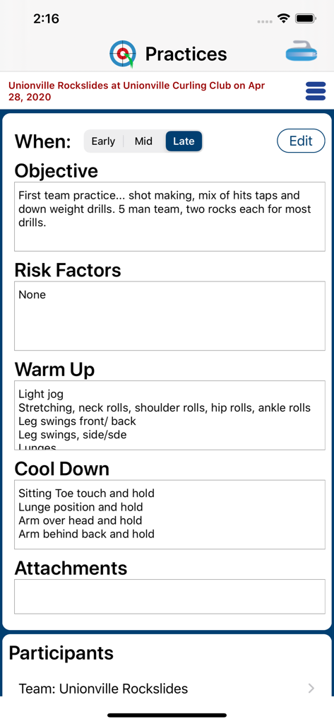 Digital curling practice log showing session objectives and player warm up exercises