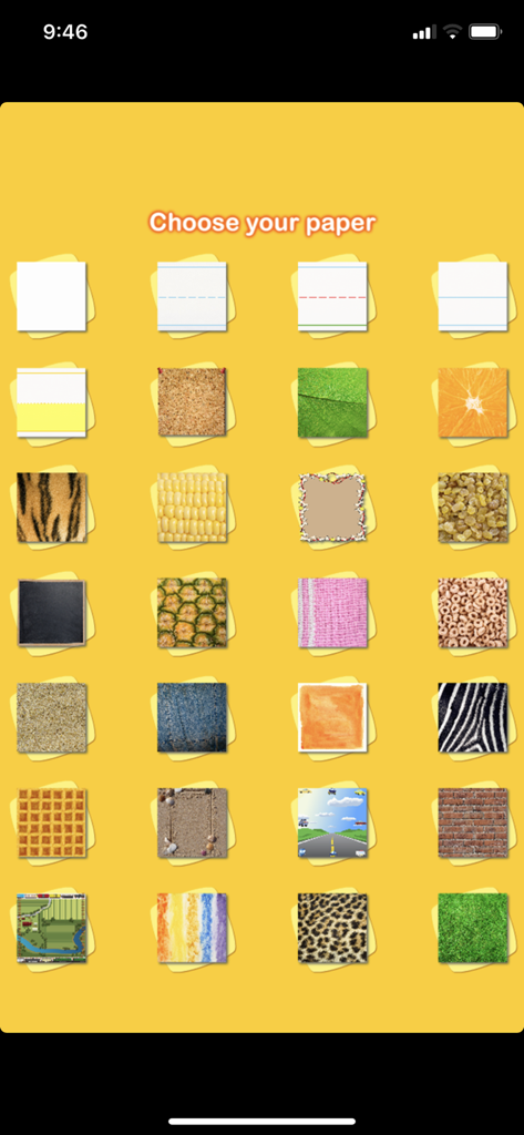 Cursive Touch and Write - A grid of various sensory paper textures and line styles for cursive practice in the Cursive Touch and Write app.