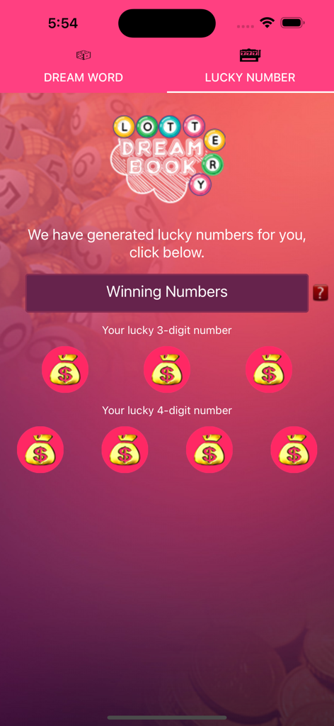 Lottery DreamBook - Lottery DreamBook app interface showing generated lucky 3 and 4 digit numbers