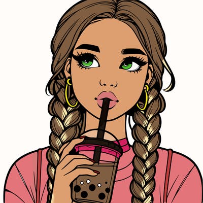 realistic girl with braided hair drinking boba