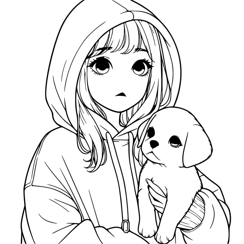 a realistic girl in a oversized hoodie, holding a puppy
