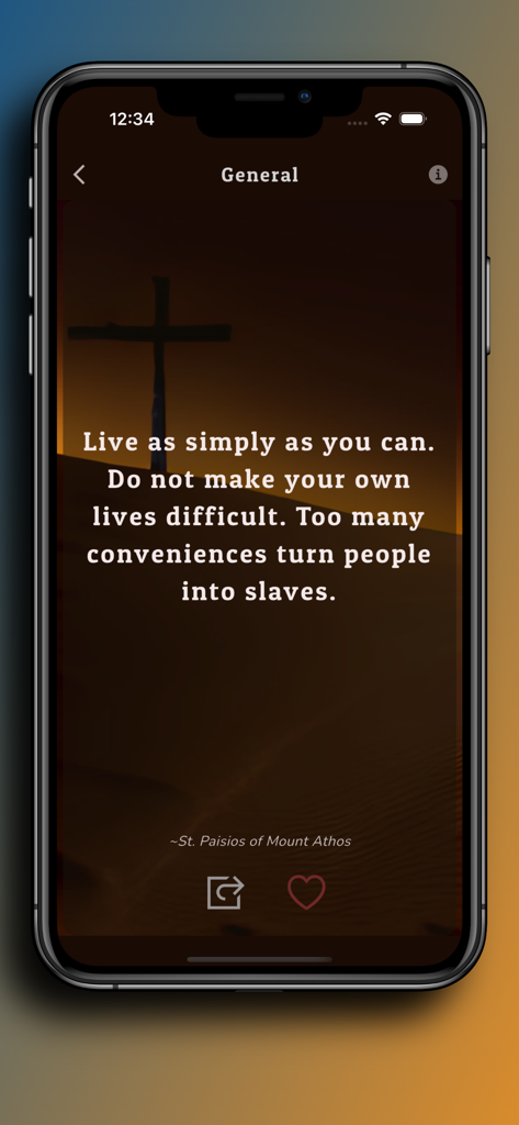 A spiritual quote by Saint Paisios of Mount Athos about living simply displayed on a screen with a cross silhouette in the Orthodox Bible app.
