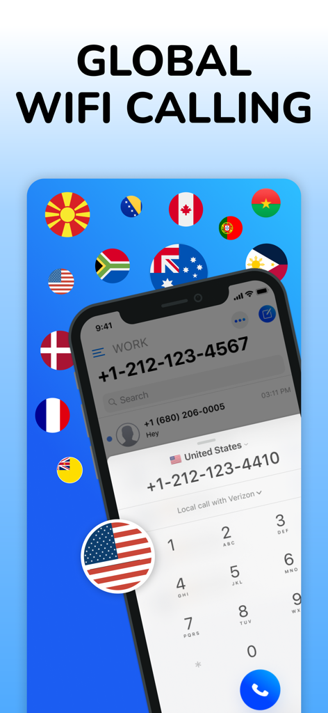 Second Number Line App Numbers - Pantalla de smartphone que muestra llamadas Wi-Fi globales con banderas internacionales y un marcador de segundo número de teléfono