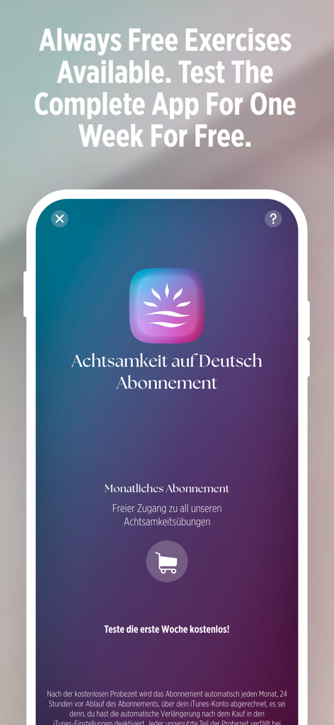 Subscription screen of the German mindfulness app offering a one week free trial