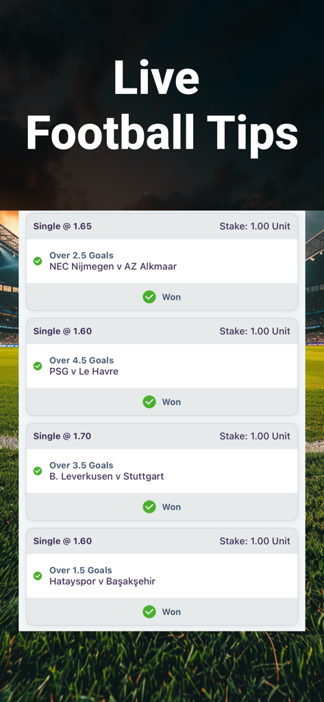Footy+ Live Soccer Analyst - Interface of the Footy plus app displaying a list of successful live football betting tips with won status for multiple matches