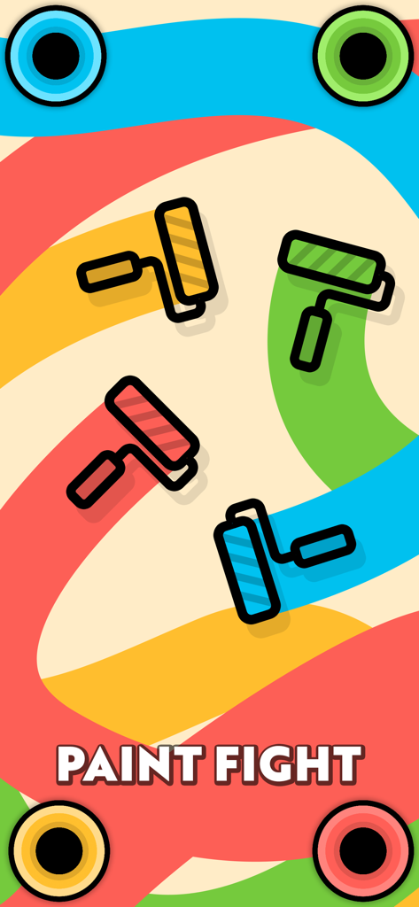 Paint Fight mini game screen for four players with colorful paint rollers