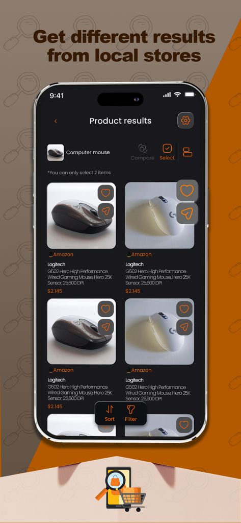 Product Finder - Price Compare - 価格比較と近くの店舗の選択肢が表示されたコンピューターマウスの検索結果を示すモバイル画面