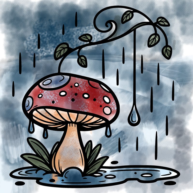 a mushroom in the rain and make hanging rain drop on a vine hanging from the mushroom and make it detailed
