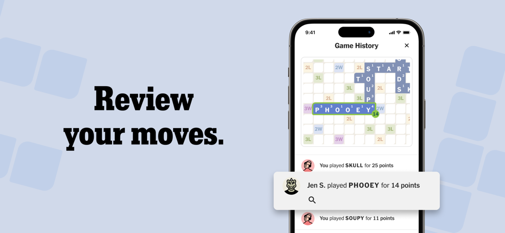 NYT Crossplay app interface showing a game history screen with a word board and a list of moves played by users.