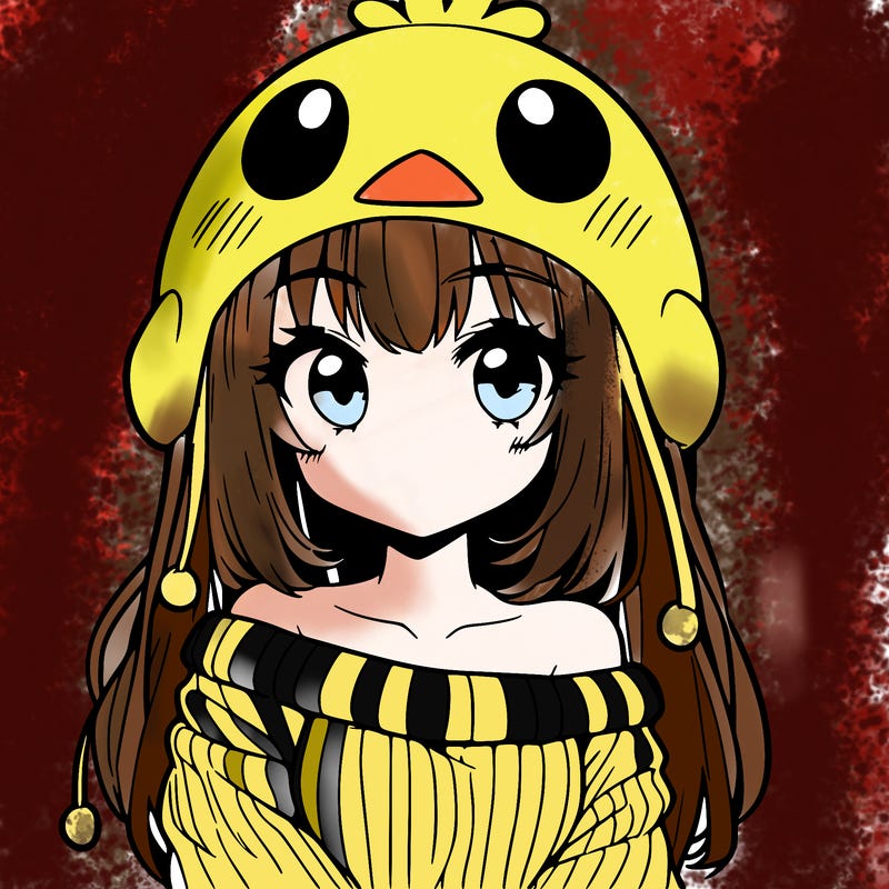 anime girl with chick shaped hat with sweater with bare shoulders with bangs covering them one eye with low tail
