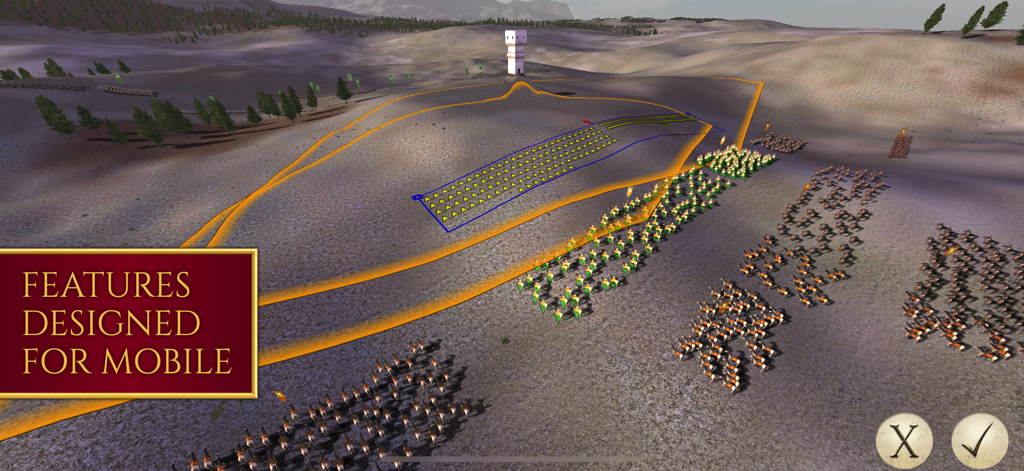 Strategic unit deployment on a 3D battlefield in the ROME Total War mobile interface.