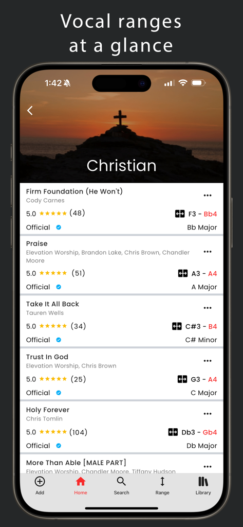 보컬 게이지 앱이 기독교 찬양 노래 목록과 해당 음역대 및 음계를 보여주는 모습