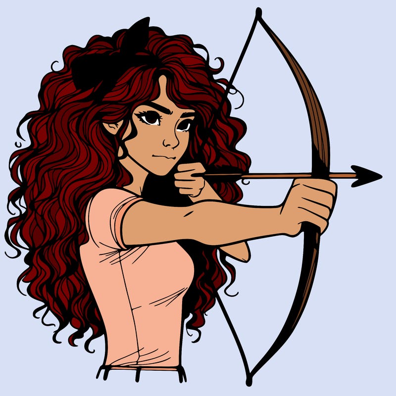 a woman with curly and messy hair using a bow to shoot arrow realistic
