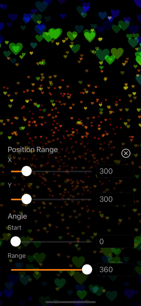 ハート型のパーティクルと位置と角度のカスタマイズスライダーが表示されたParticle Generatorアプリのモバイル画面