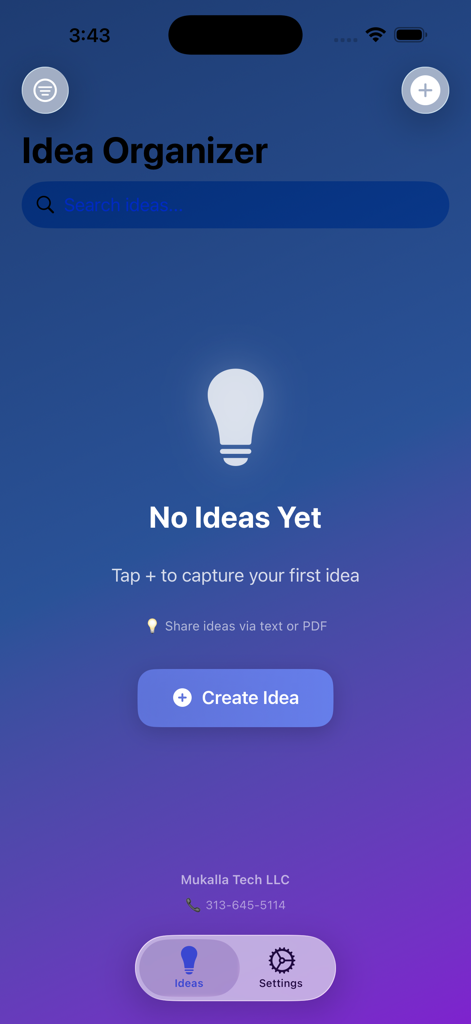 Idea Organizer AI - The home screen of the Idea Organizer AI app featuring an empty state with a lightbulb icon and a Create Idea button on a blue and purple gradient background.