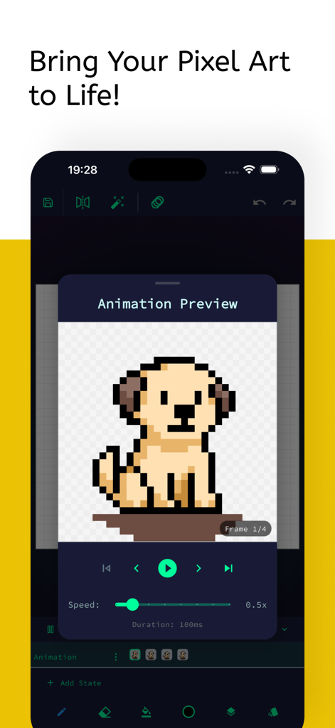 Picell - Pixel Art Editor - A pixel art animation preview of a dog in the Picell app interface