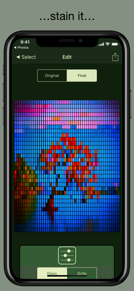 Stained Glass - Photo Effect - Écran d'édition de l'application Vitrail présentant une photo d'arbre avec un filtre mosaïque coloré appliqué.