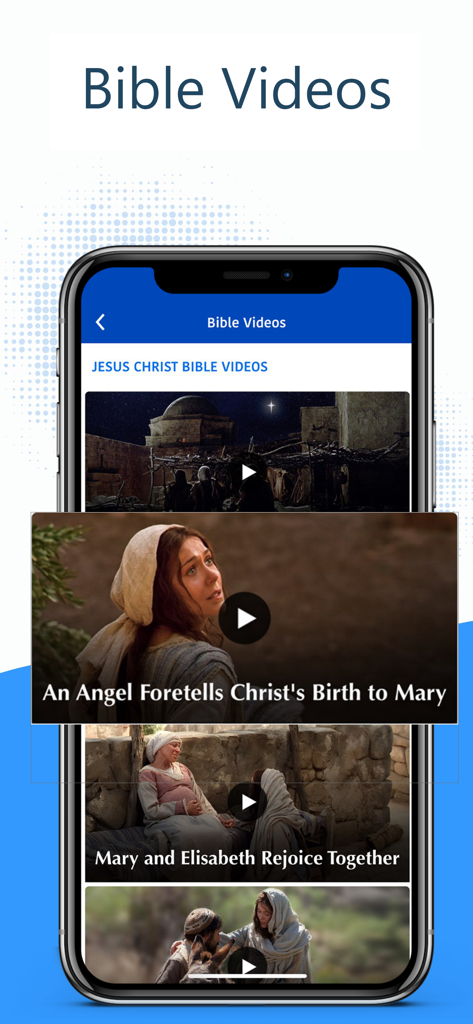 A mobile app screen displaying the Bible Videos section of the Biblia Ave Maria Catholic app with religious video thumbnails