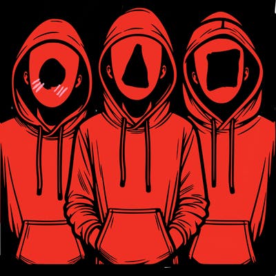 3 faceless people in  hoodies