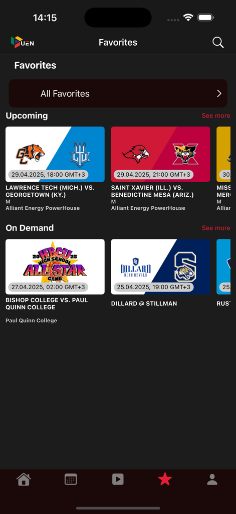 Urban Edge Network | UEN - Favorites screen of the Urban Edge Network app showing upcoming and on-demand collegiate sports events.
