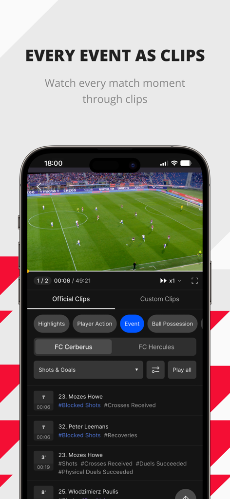 BEPRO Sports app interface displaying soccer match video clips tagged by events and player actions