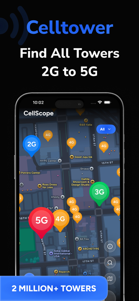 Cell Tower Locator - CellScope - Map view of CellScope app displaying 2G to 5G cell tower locations