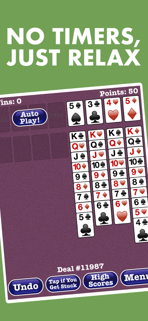 Totally FreeCell Solitaire! - Totally FreeCell Solitaire game screen with large cards and text saying no timers just relax