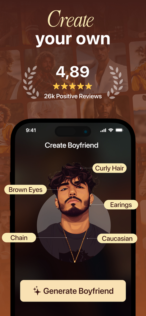 An iPhone screen displaying the character customization menu for an AI boyfriend app.