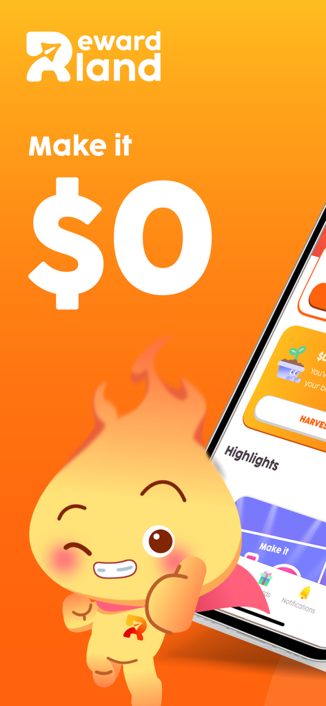 Reward Land - Reward Land app mascot Flare giving a thumbs up next to the text Make it $0