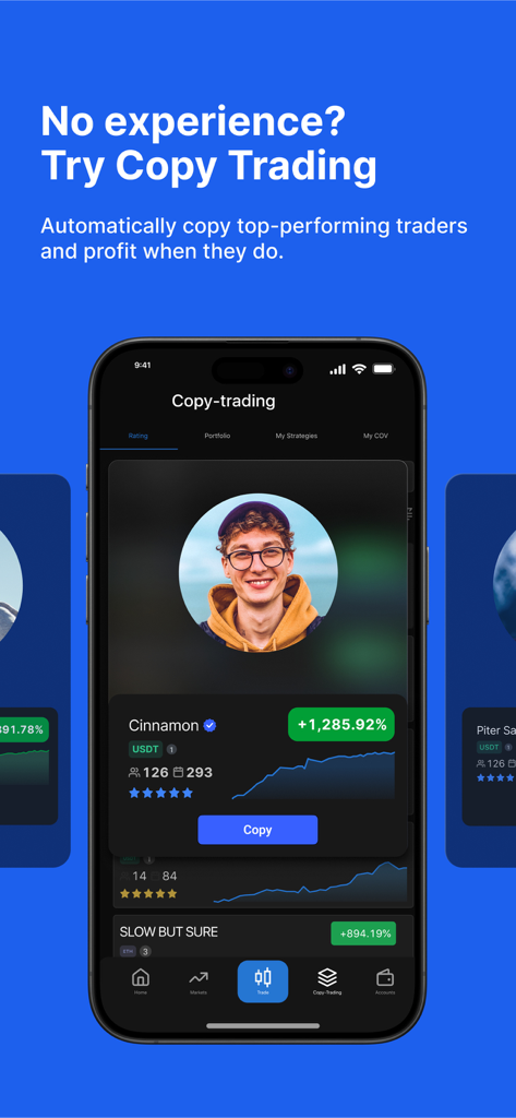 PrimeXBT Copy-Trading-Oberfläche mit Händlerprofil und Gewinnstatistiken