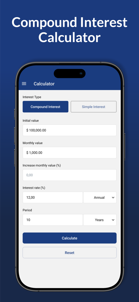 Compound Interest Pro - Interfaz de la aplicación móvil Compound Interest Pro que muestra una calculadora financiera con campos para inversión inicial y contribuciones mensuales
