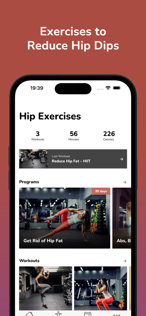 Interfaccia dell'app Hip Dips Workout che mostra esercizi per i fianchi personalizzati e un programma di fitness di trenta giorni