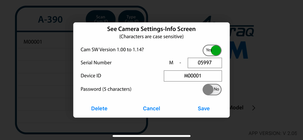 AIRTRAQ CAM - Airtraq Cam app camera settings info screen showing device ID and serial number fields