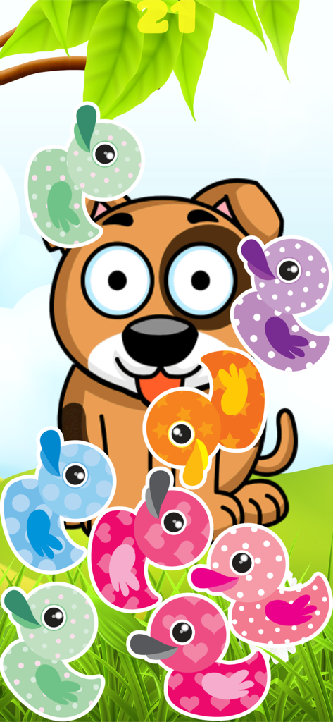 Toddler Animal Pop - Toddler Animal Popのゲームプレイ。漫画の犬の周りに、ポップするカラフルな模様のアヒルが表示されています。