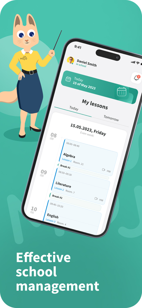 Mojo Education - Mojo Education app interface showing a student lesson schedule with Algebra Literature and English classes