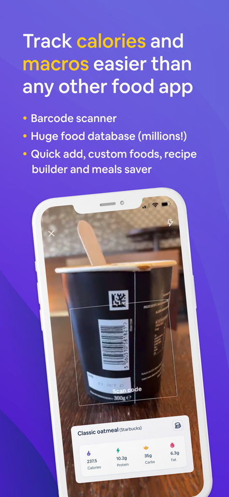 Turtle: All-in-One Health - The Turtle app barcode scanner feature showing real-time food tracking for calories and macros