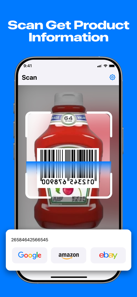 VibeScan: QR Scanner - VibeScan app scanning a product barcode with search buttons for Google Amazon and eBay