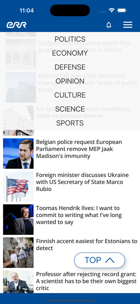 ERR News - Interfaccia dell'app ERR News che mostra il feed delle notizie e il menu delle categorie