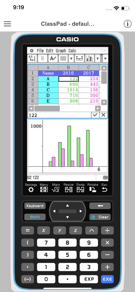 CASIO ClassPad app displaying spreadsheet data and a statistical bar chart on a virtual graphing calculator interface.