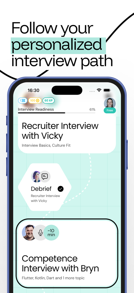 Un mapa de carrera gamificado en la aplicación Duos que muestra un camino de entrevista personalizado con coaches de IA y seguimiento del progreso.