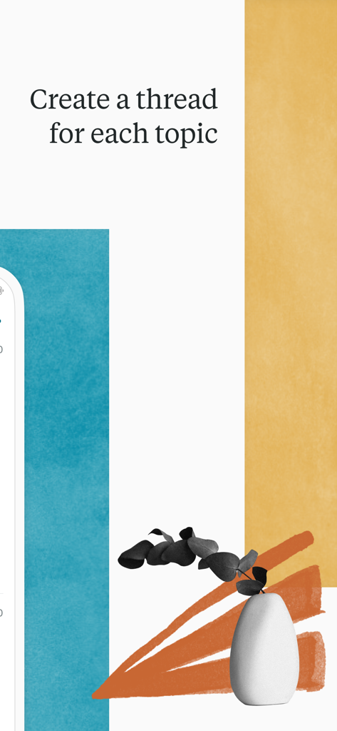 Tela promocional do aplicativo Twist destacando a organização baseada em tópicos para assuntos