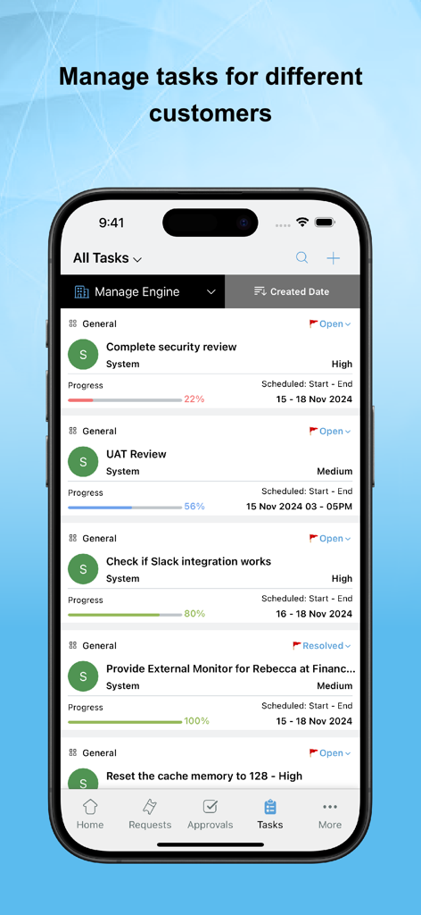 Interface de l'application ServiceDeskPlus MSP montrant une liste de tâches TI avec suivi de progression et niveaux de priorité