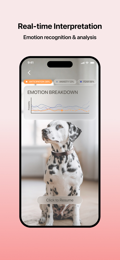 Traini-Dog Translator&Training - Screenshot of Traini app showing real-time AI emotion recognition and analysis of a Dalmatian dog