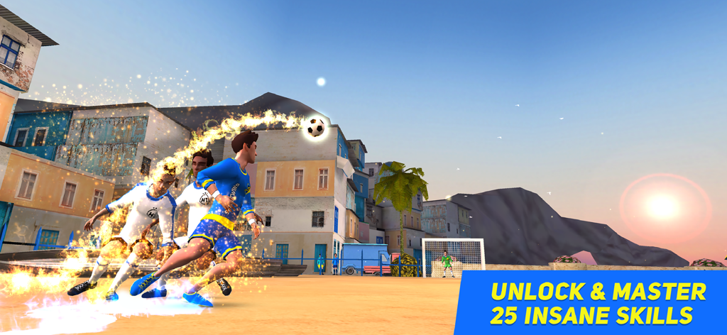 Ein Fußballspieler führt einen Trickshot mit einer flammenden Ballspur im Skilltwins Fußballspiel aus