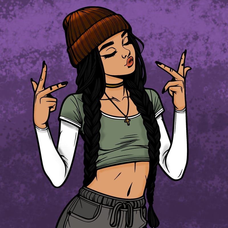 realistic teenage girl with braids and a beanie and crop top doing 🫶🏼